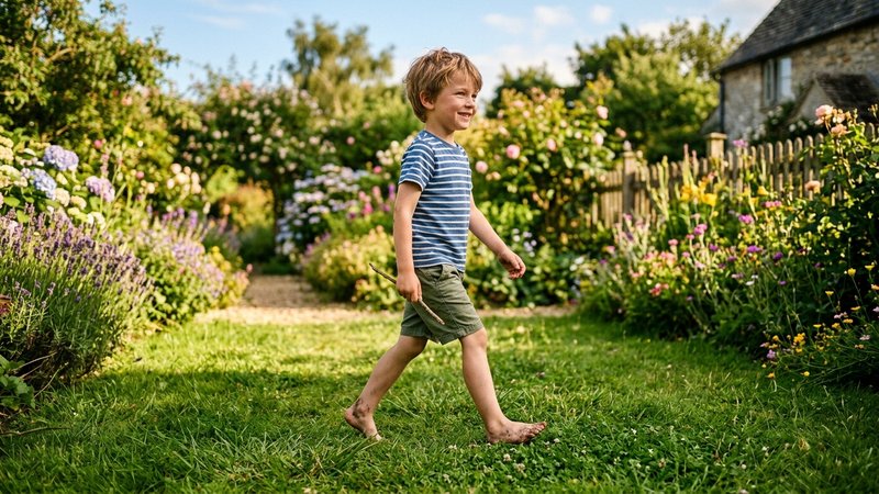 Un niño pequeño caminando descalzo sobre el césped de un jardín soleado, sonriendo con confianza