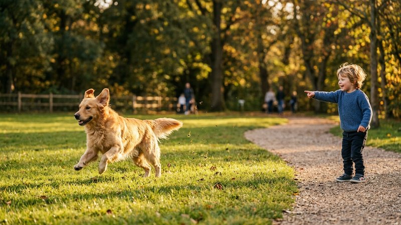Un perro de tamaño mediano corriendo por el césped de un parque bajo la luz dorada de la tarde, con un niño pequeño obse
