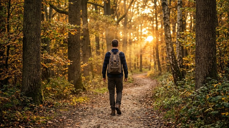 Una persona adulta caminando por un sendero arbolado bajo una luz dorada de atardecer, de espaldas, con los hombros rela