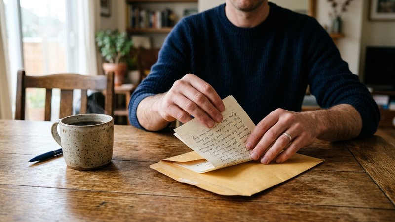 Una persona doblando una carta escrita a mano y guardándola dentro de un sobre sobre la mesa del comedor, sin intención