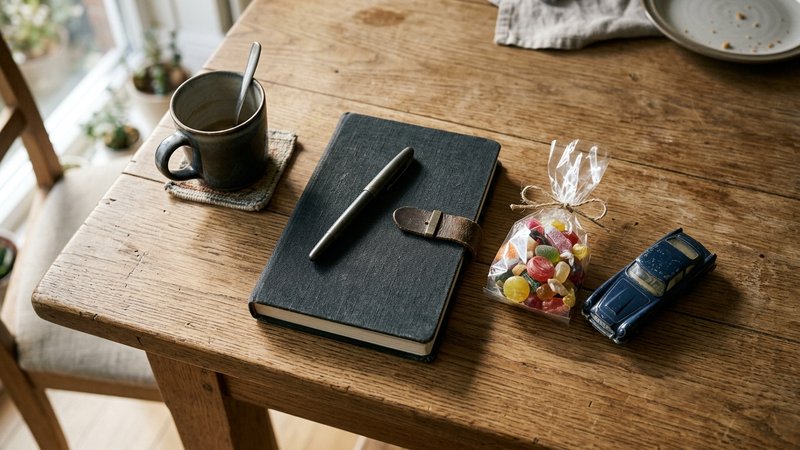 Un plano cenital de una mesa de comedor con una bolsa de golosinas y un juguete pequeño colocados junto a un cuaderno ce