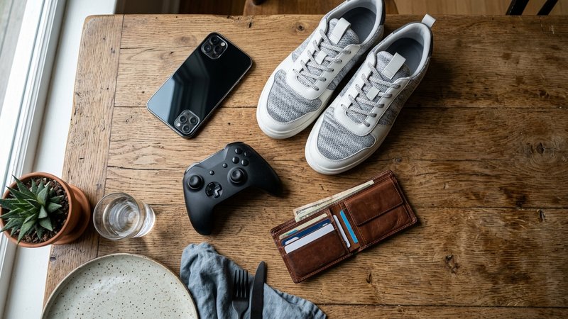Un plano cenital de una mesa de comedor donde conviven, muy juntos, un móvil de última generación, unas zapatillas nueva
