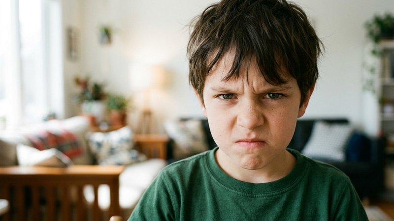 Un plano medio de un niño de unos diez años de pie en el salón de casa, con los brazos cruzados, expresión seria y la mi