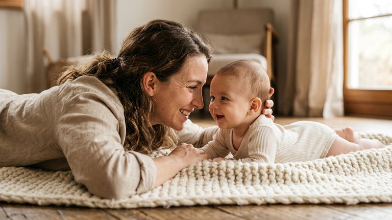 Una madre y su bebé tumbados cara a cara sobre una manta suave, el bebé mirándola y sonriendo con intención