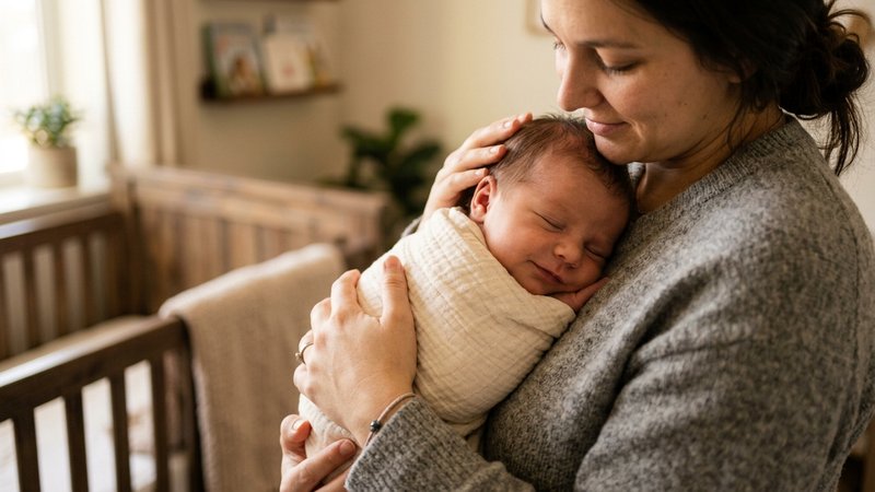 Un bebé recién nacido dormido plácidamente en los brazos de su madre, esbozando una leve sonrisa