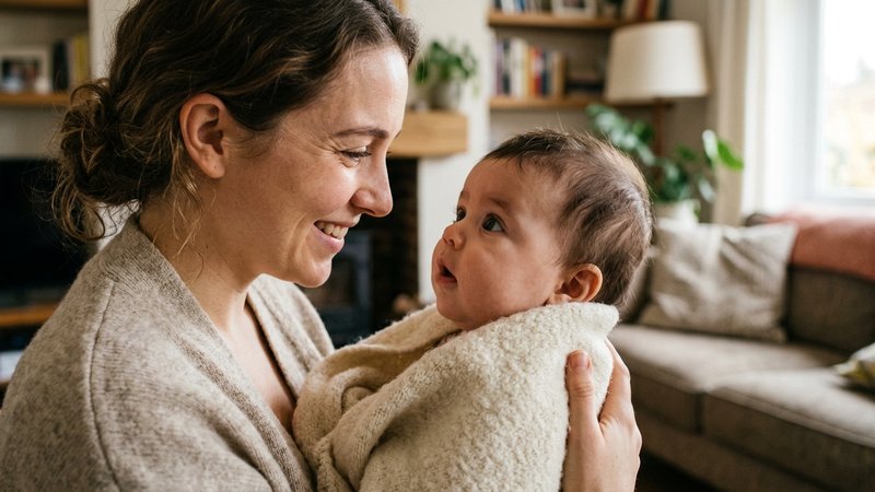 Un bebé fijando la mirada en el rostro sonriente de su madre, muy de cerca, en un salón acogedor