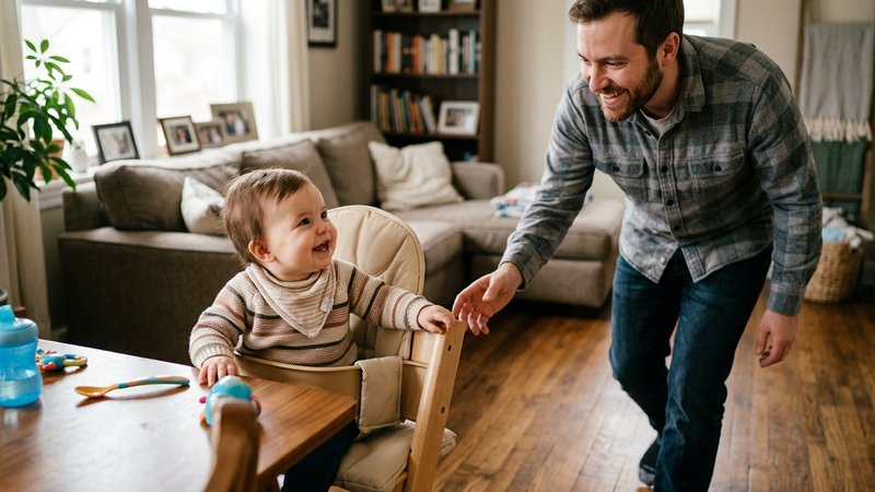 Un bebé reconociendo y sonriendo a su padre, que se acerca a saludarle con cariño en casa