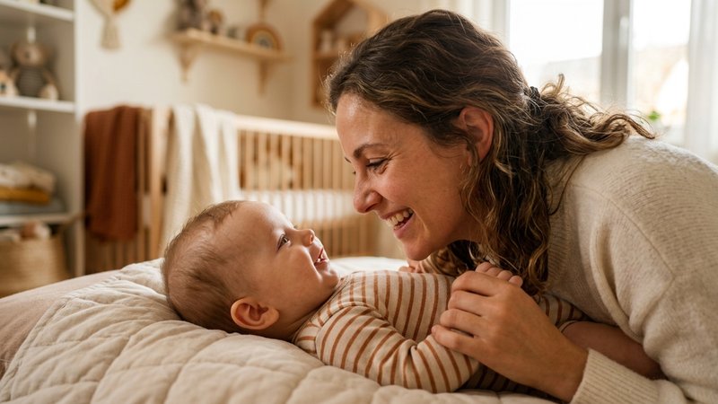 Una madre acercando su cara a un palmo de la de su bebé, hablándole con dulzura y una gran sonrisa