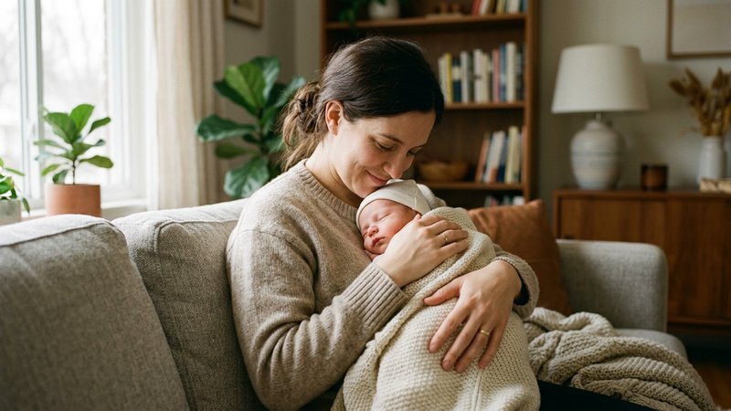Una madre acunando con ternura a su bebé pequeñito, envuelto en una mantita suave, en el salón