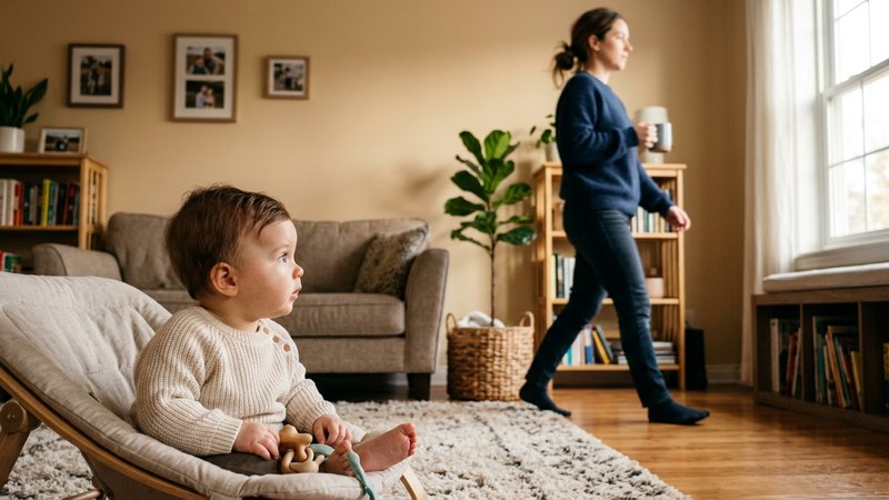 Un bebé siguiendo con la mirada a su madre que se mueve por el salón, muy atento a ella