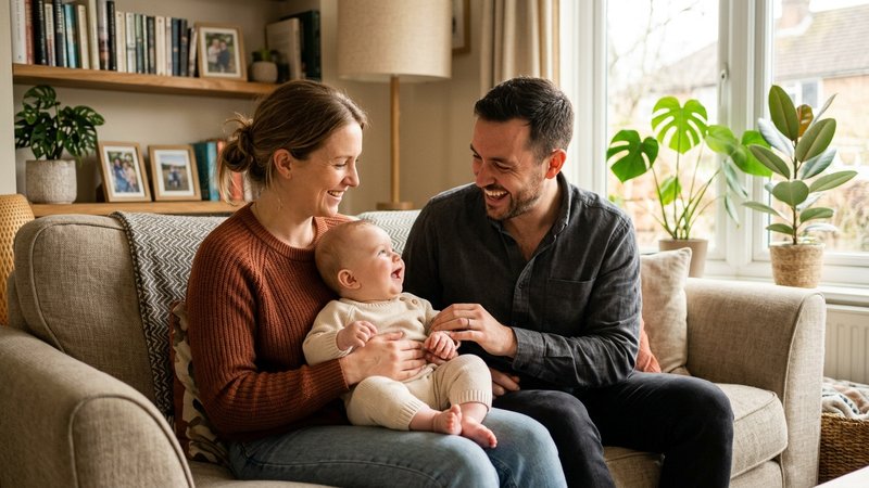 Una madre y un padre hablando y sonriendo a su bebé, sentados juntos en el sofá del salón