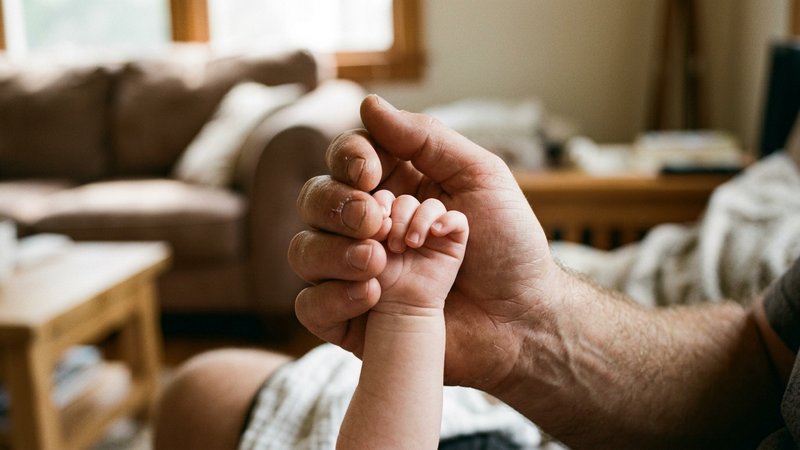 Un primer plano de la mano grande de un padre envolviendo con suavidad la manita de su bebé, sin fuerza y sin tensión, s