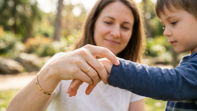 Un primer plano de la mano de una madre sujetando con suavidad la muñeca de su hijo pequeño, deteniendo un movimiento si