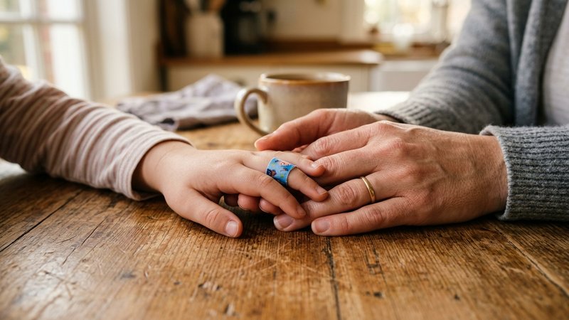 Un primer plano de la mano de un niño con una tirita de color en un dedo, apoyada sobre la mesa de la cocina, mientras l