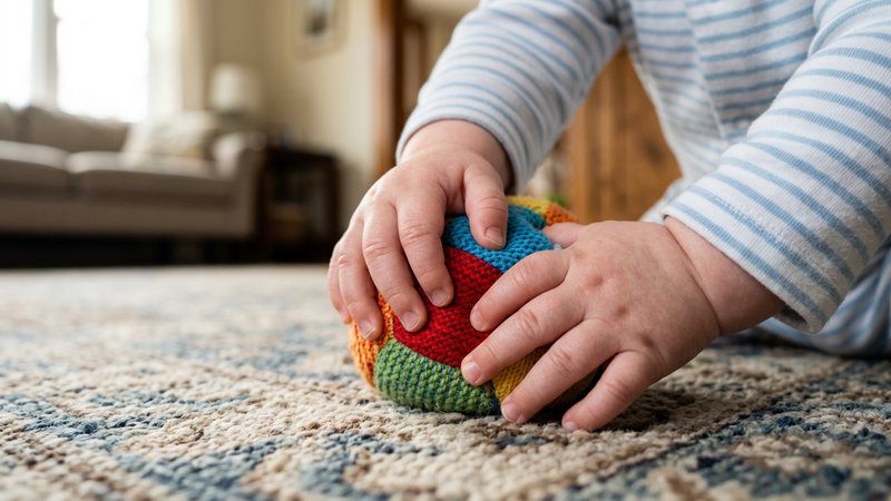 Un primer plano de las manos de un bebé tocando, apretando y girando una pelota blanda de colores sobre la alfombra del