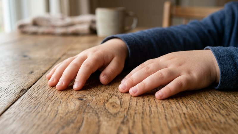 Un primer plano de las manos de un niño apoyadas sobre la mesa de madera, con las uñas muy cortas y los dedos limpios y