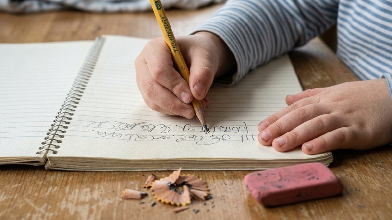 Un primer plano de las manos de un niño escribiendo con lápiz sobre un cuaderno de líneas, con el trazo tembloroso y la