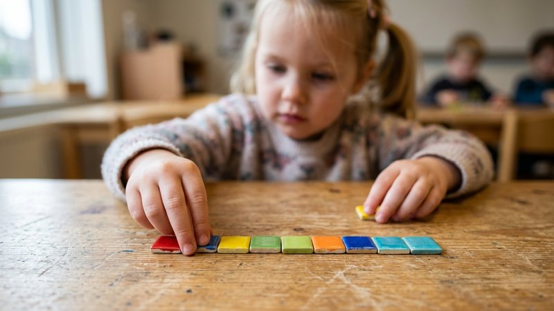 Un primer plano de las manos de un niño ordenando fichas de colores en una secuencia sobre una mesa de madera, con el ro