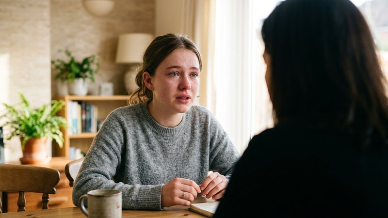 Un primer plano medio de un adolescente hablando con los ojos algo húmedos y el gesto vulnerable, mientras la silueta de