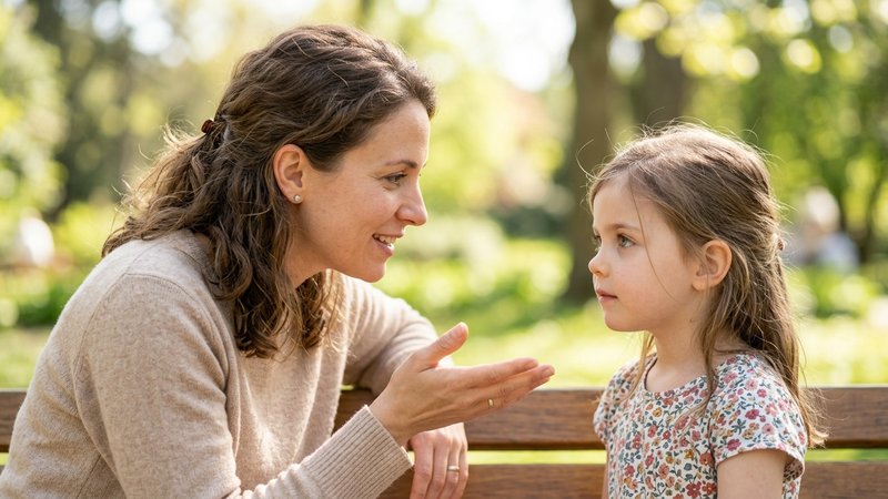 Un primer plano medio de una madre hablando con su hijo pequeño a la altura de sus ojos, con una mano abierta en gesto d