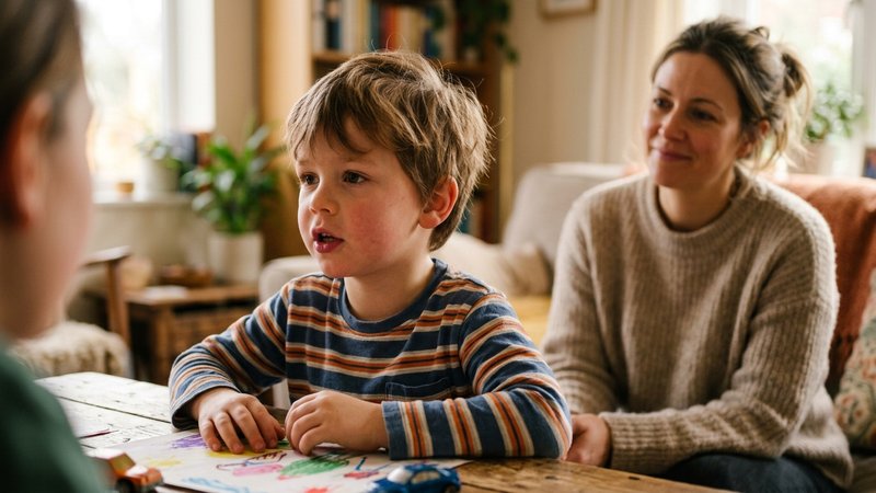Un primer plano medio de un niño de unos cinco años hablando con la boca entreabierta y expresión concentrada, mientras