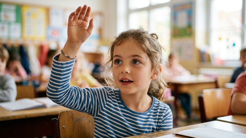 Un primer plano medio de un niño levantando la mano con la boca entreabierta, a punto de preguntar algo, con los ojos mu