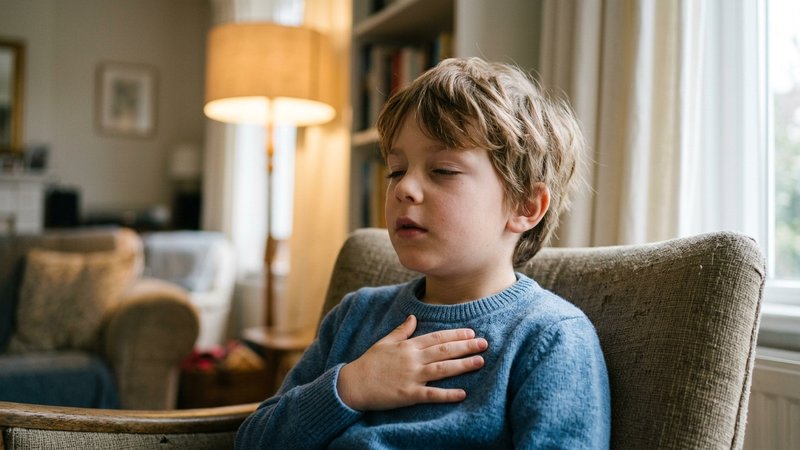 Un primer plano medio de un niño pequeño con una mano apoyada sobre su propio pecho, inspirando profundamente, los ojos
