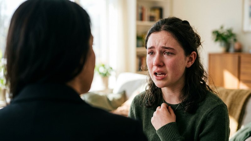 Un primer plano medio del rostro de un adolescente hablando con expresión vulnerable, mientras la silueta desenfocada de