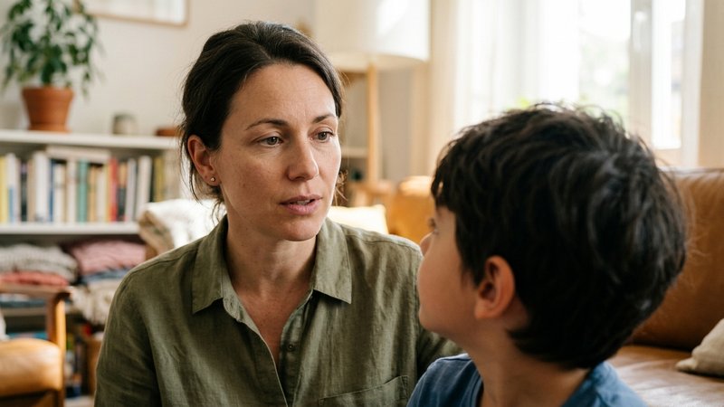 Un primer plano medio del rostro de una madre con expresión seria y serena, hablando con pocas palabras, y en primer pla