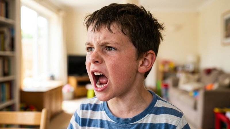 Un primer plano medio del rostro de un niño con la boca abierta a media frase y las cejas levantadas, en pleno gesto de
