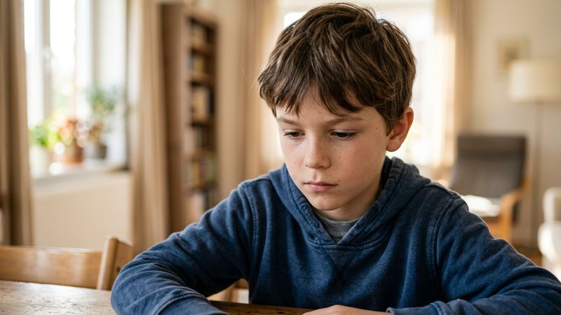 Un primer plano medio del rostro de un niño de diez años con expresión reflexiva y la mirada baja, absorto en sus pensam