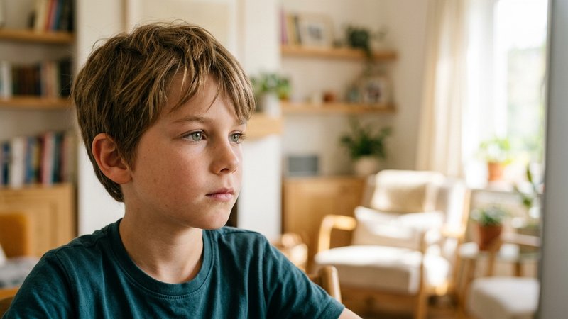 Un primer plano medio del rostro de un niño de nueve años con expresión sensible y pensativa, observando algo fuera de p
