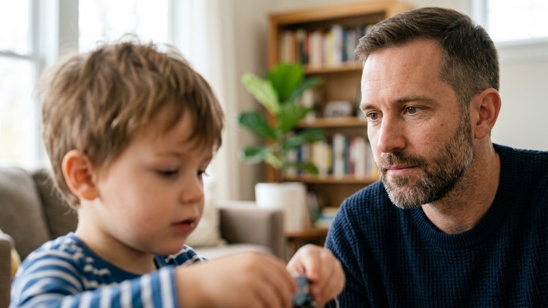Un primer plano medio del rostro de un padre con expresión seria y completamente serena, mirando a su hijo pequeño que a