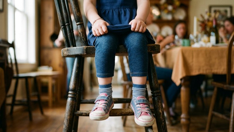 Un primer plano de las piernas de un niño sentado en una silla del comedor, con un pie moviéndose inquieto y las manos a