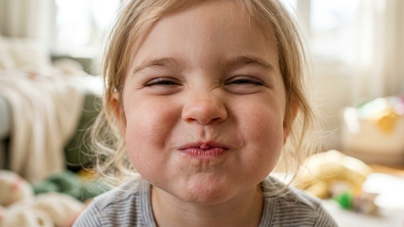 Un primerísimo plano de la boca de un niño pequeño con las mejillas infladas de aire, como un globo, con los ojos entorn