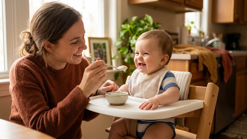 Un bebé sentado en una trona sonriendo mientras su madre le ofrece con cariño una cucharada de yogur natural