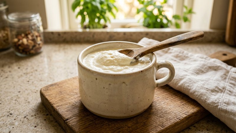Un primer plano de un bote de yogur natural casero y una cuchara de madera sobre la encimera de una cocina luminosa