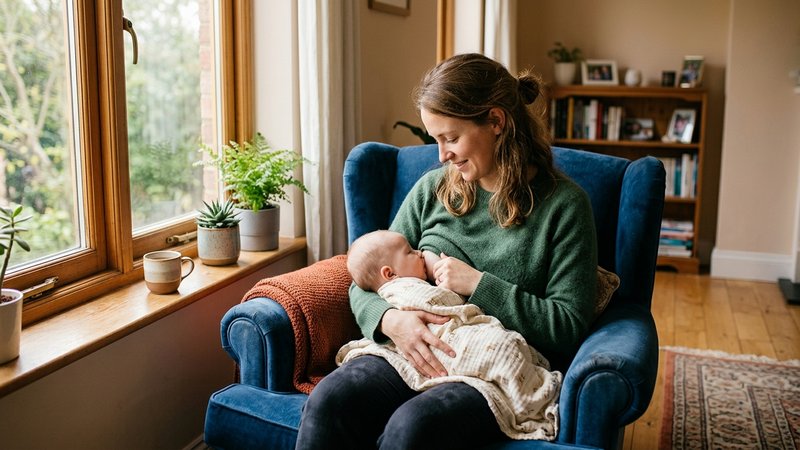 Una madre dando el pecho a su bebé en un sillón junto a una ventana con luz natural suave