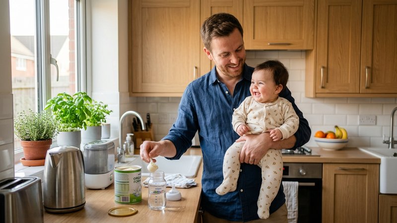 Un padre preparando un biberón en una cocina moderna y luminosa mientras sostiene a su bebé feliz en brazos