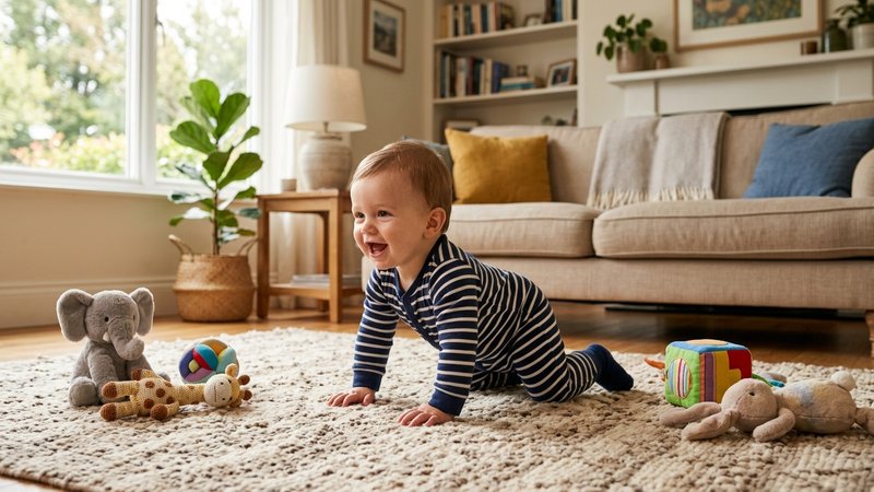 Un bebé gateando feliz sobre una alfombra en un salón luminoso y cálido, con juguetes suaves alrededor
