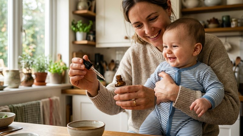 La mano de un adulto sujetando un frasco de gotas y un cuentagotas junto a un bebé sonriente en brazos, en una cocina lu