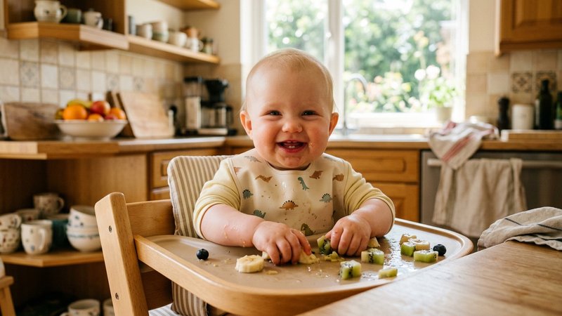 Un bebé sonriente jugando con trozos de fruta blanda sobre la bandeja de su trona, en una cocina luminosa