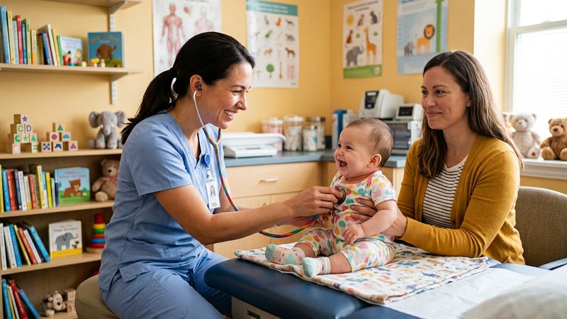 Una pediatra sonriente examinando con suavidad a un bebé feliz en la consulta, con la madre presente y tranquila