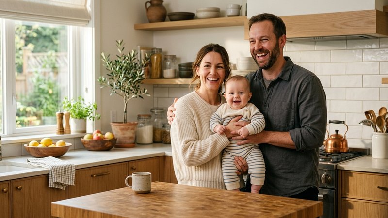Una familia completa, padre, madre y bebé, sonriendo juntos en una cocina luminosa, ambiente cálido y relajado