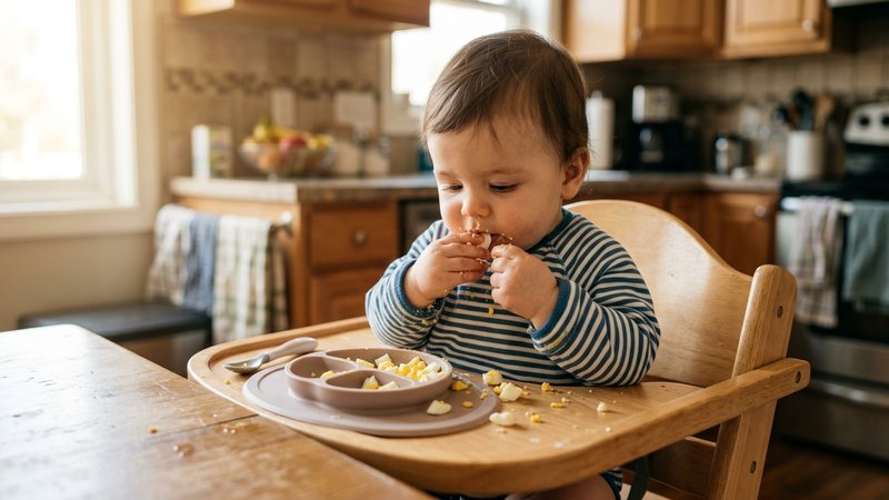 Un bebé comiendo con las manos trozos de huevo cocido sentado en su trona en una cocina de hogar