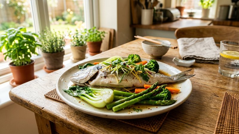 Un plato con pescado al vapor y verduras variadas sobre la mesa de una cocina luminosa