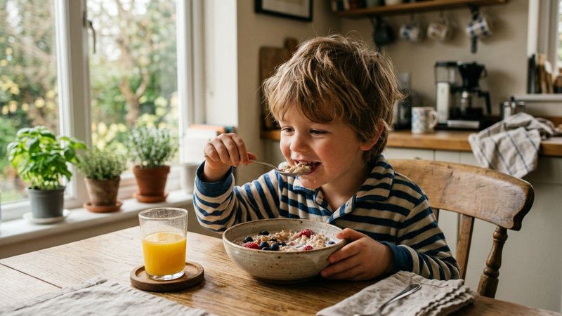 Un niño desayunando un cuenco de avena con leche en la mesa de la cocina por la mañana