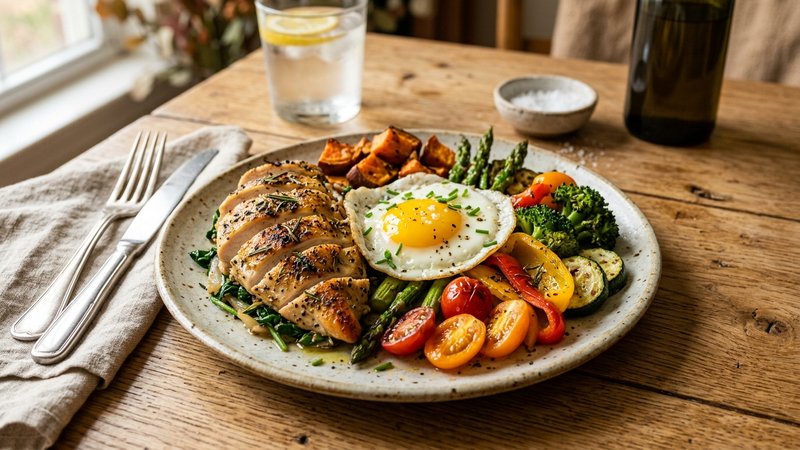 Un plato con huevo, pollo y verduras coloridas dispuesto de forma equilibrada sobre una mesa de madera