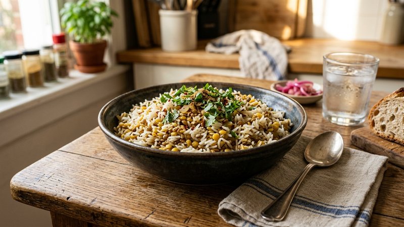 Un cuenco con arroz y lentejas cocinados juntos sobre la mesa de una cocina de hogar