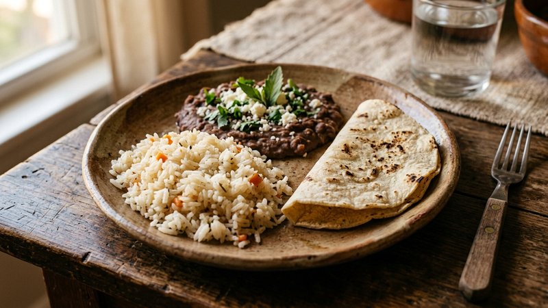 Un primer plano de un plato con arroz, frijoles y tortilla casera dispuestos de forma sencilla